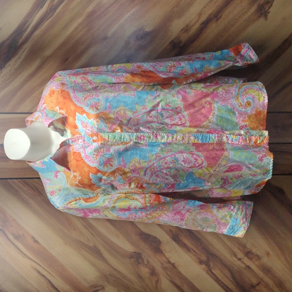 Chaps Paisley 100% Cotton Print Multicolored Button Down Size 1X